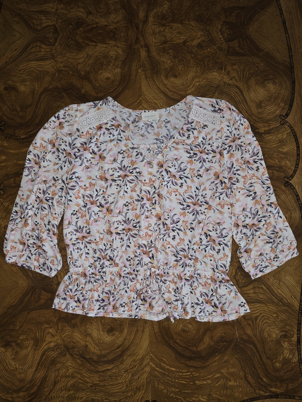 Melloday Floral Button-Front Peplum Top with Lace Detail Womens Size XL